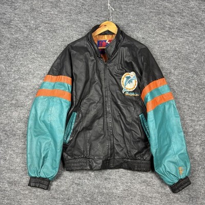 Vintage 90s Miami Dolphins Pro Player NFL Leather Bomber Jacket Mens Bigger/XL