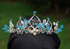 Blue Turquoise Gold Crystal Tiara Silver Bridal Crown Birthday Wedding