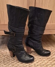 Schuh Black Leather Biker Boots Buckle Block Heel 2.5” UK 7