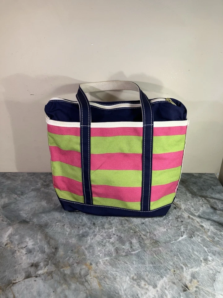 Vintage LL Bean Boat and Tote Canvas Pink Green Stripes W/ Zipper Medium