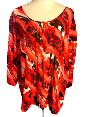Susan Graver Womens 2XL Semi Sheer Abstract Red Orange Key Hole Tunic 3/4 Slv