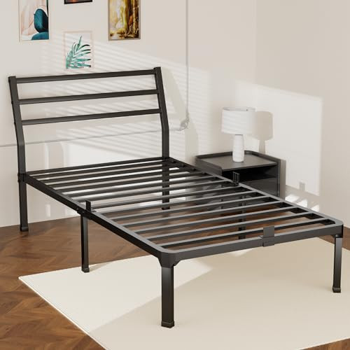 Twin Metal Bed Frame with 14 Inch Heavy Duty Black Platform & Headboard