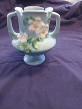 Roseville White Rose 1940 Vintage Art Deco Pottery Blue Ceramic Vase 146-6