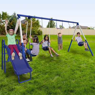 Arcadia Metal Swing Set for Kids   Trapeze, 2-Person Glider, 5Ft Slide, Anchor K