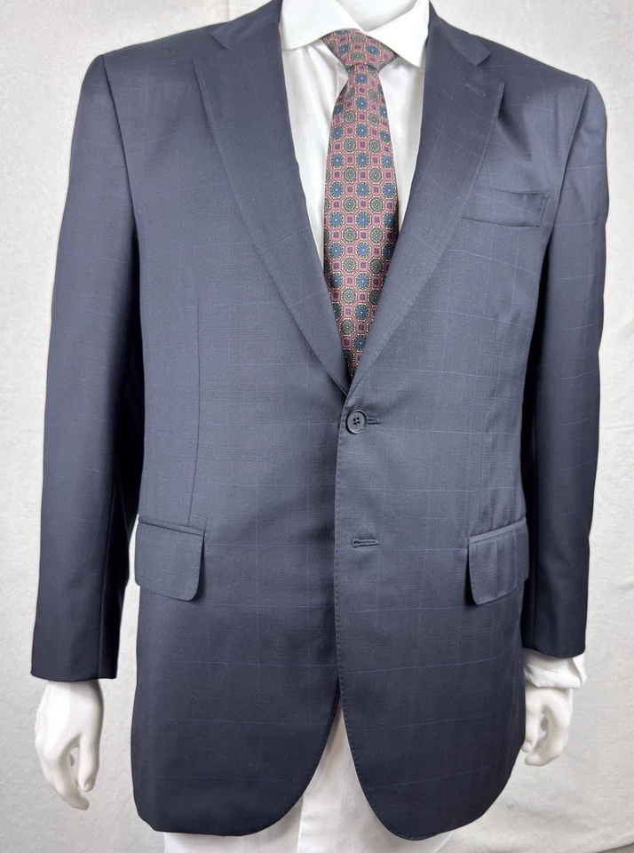 Isaia Dark Navy Indigo Windowpane Suit Jacket 130’s Wool 52IT 42US R EUC - Image 2 of 4