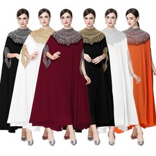 Womens Embroidered Bead Sequin Long Sleeved Dress Loose Slimming Fit Long Skirt