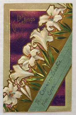 Easter Greetings White Lily Flowers Embossed Postcard