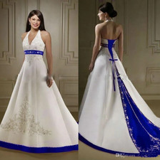 Court Train Ivory and Royal Blue A Line Wedding Dresses Halter Neck Open Back