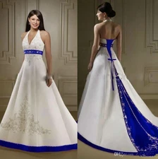 Court Train Ivory and Royal Blue A Line Wedding Dresses Halter Neck Open Back