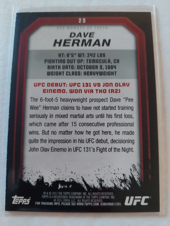 Dave Herman #23 Debut 2011 Topps UFC Moment of Truth Gold Parallel - Image 2 of 2