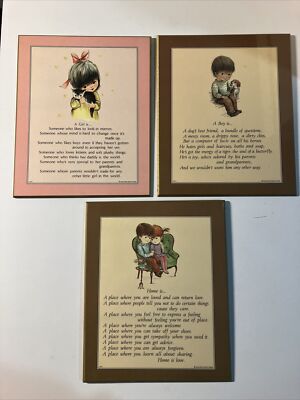 Vintage 1970 Fran Mar 9'' x 11'' Color Wall Plaque Set Of 3 Boy, Girl, and Both