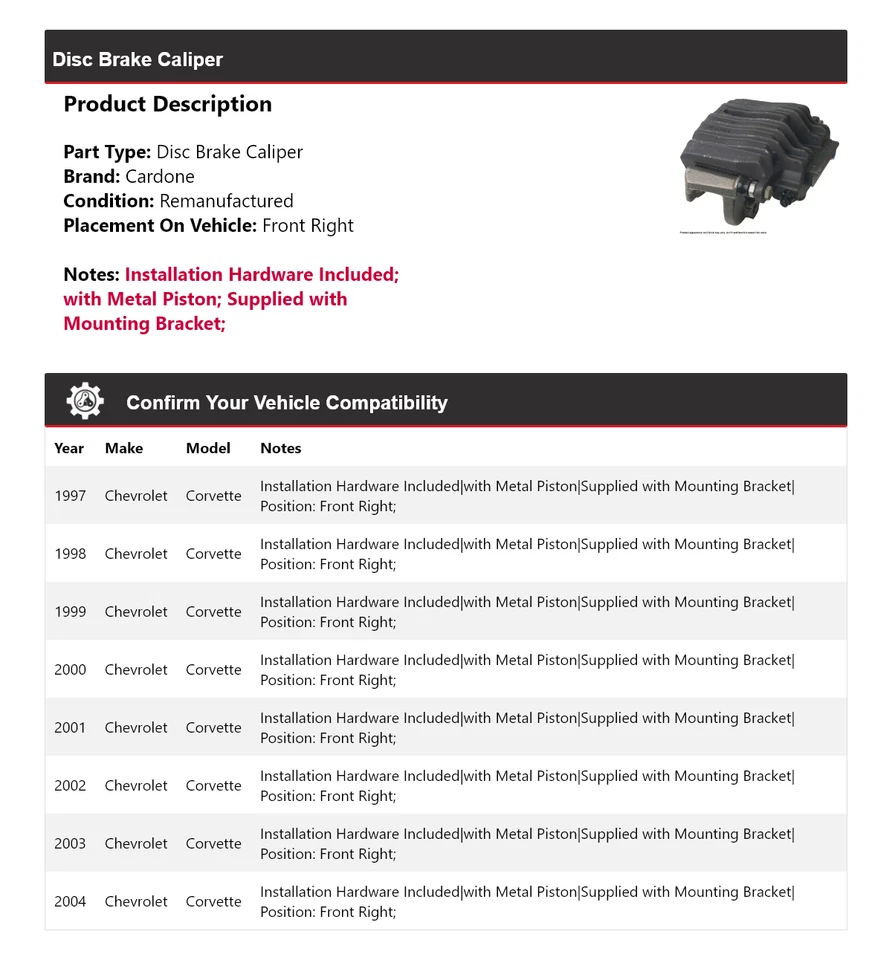 Pinza de freno de disco delantera derecha Cardone 1998 para Chevrolet Corvette 1997-2004 Foto 2 de 4