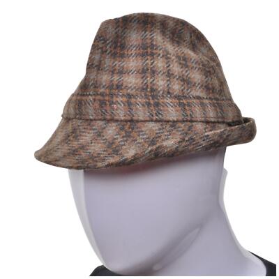 VINTAGE Tweed Wool Trilby Hat M 57 Houndstooth Check Fedora Mod