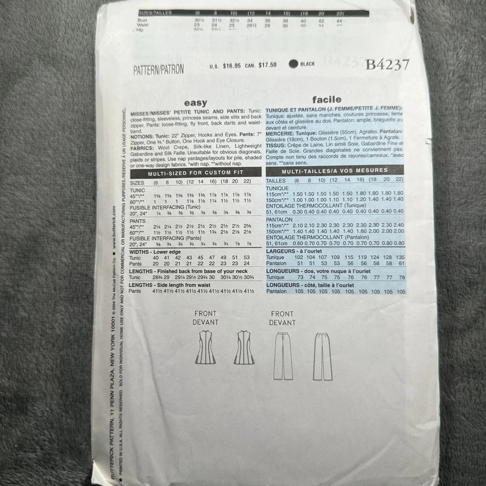 Butterick B4237 Ellen Tracy Sewing Pattern Tunic Top Pants Sz 18-22 Y2K - Image 3 of 4