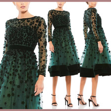NEW $498 Mac Duggal [ 2 ] Embellished Illusion Long Sleeve Fit Flare Dress J1993