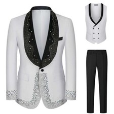 Men's Casual Suit Three Piece Suit Gold Color Rhinestone Party Blazer Pants Vest
