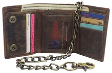 Brown Men's RFID Blocking Trifold  Leather Biker Chain Wallet W/ Snap Closure