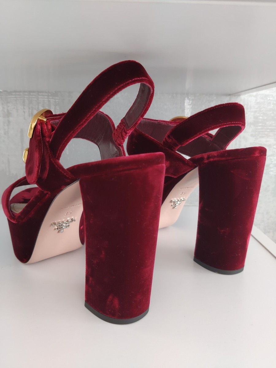 Prada Burgundy Velvet Velour Platform Slingback Sandals Heels 