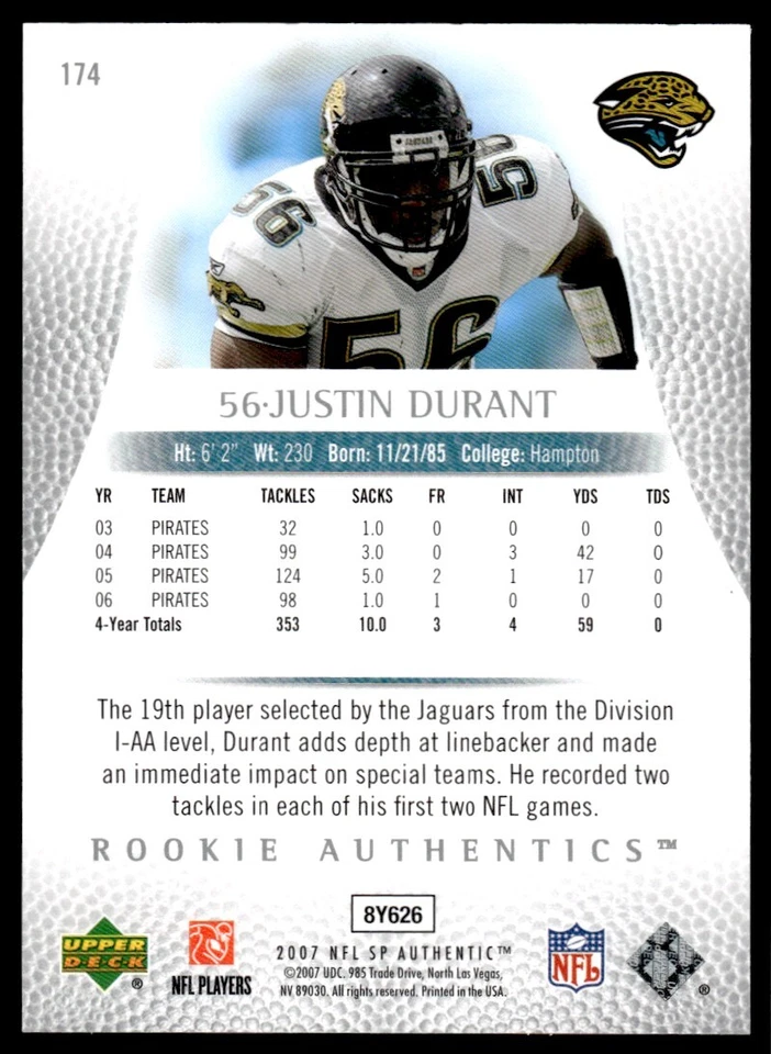 2007 SP Authentic Justin Durant Rookie 683/999 Jacksonville Jaguars #174 R64 - Image 2 of 2