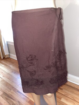 Max Studio Cotton Skirt Brown Knee Length Textured Sz 2 Lined Embroidered