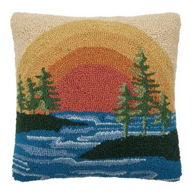 Lake Sunset Wool Hooked Pillow - 14''x14'' NEW Peking Handicraft Pine Trees