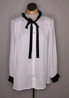 SOHO New York & Company White Black Long Sleeve  Career Dress Blouse Size Medium