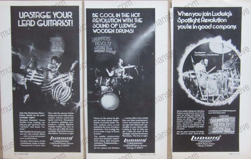 1970s LUDWIG print ads - 3 Ludwig Spotlight ads John Bonham, Rainbow Vistalite