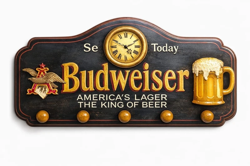 Insegna Appendiabiti in Legno Attaccapanni da Muro BUDWEISER Bar Pub Birra 80 cm, fotografia 9 di 10