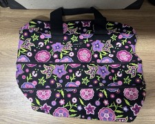 Longaberger Zippered Tote Bag - Black with Pink and Purple Floral Print Excellen