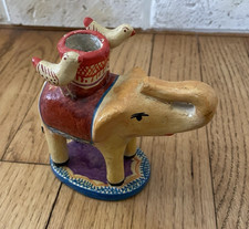 Vtg Mexican Folk Art Pottery Elephant w/ Birds Candle Holder 5" long 4.5" tall