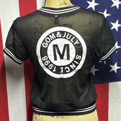 GOM & JULY mesh jersey fishnet cover-up shirt black see-through logo M crest vtg