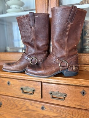 VTG FRYE Size 9 Womens Brown Leather Belted Moto Boots Biltrite Sole MADE IN USA