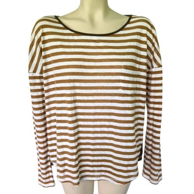 HEM&THREAD Cotton Stretch Striped Long Sleeve Tee With Contrast Cream Tan Large