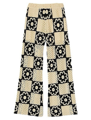 Sandro Flower-Motif Crochet Straight-Leg Knit Pants Cream Black Boho Summer 38