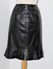 WORTH Black Leather Genuine Fluted Hemline Lined Skirt 8
