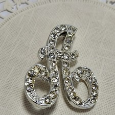VTG Silver Tone Letter A Initial Brooch Pin Clear Rhinestones Script Monogram