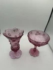 FENTON Glass Cabbage Rose Pink Dusty Footed Vase & Compote Scalloped Edge VTG