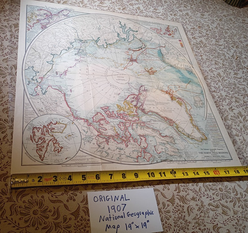 RARE Original 1907 Map The North Pole Regions 19" X 19"  National Geographic