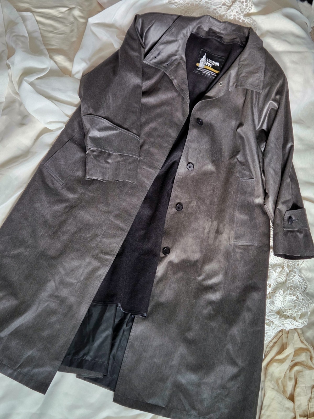 Vintage London Fog Coat Womens 4 Petite Gray Check Long Trench Lined Raincoat