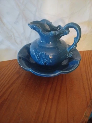 VTG McCoy USA Stoneware Pottery Blue Pitcher and Wash Bowl Basin Set FREE SHIP!