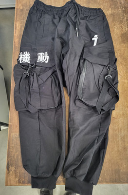 Schwarze Herren Techwear Cargo-Hose, große Taschen, L