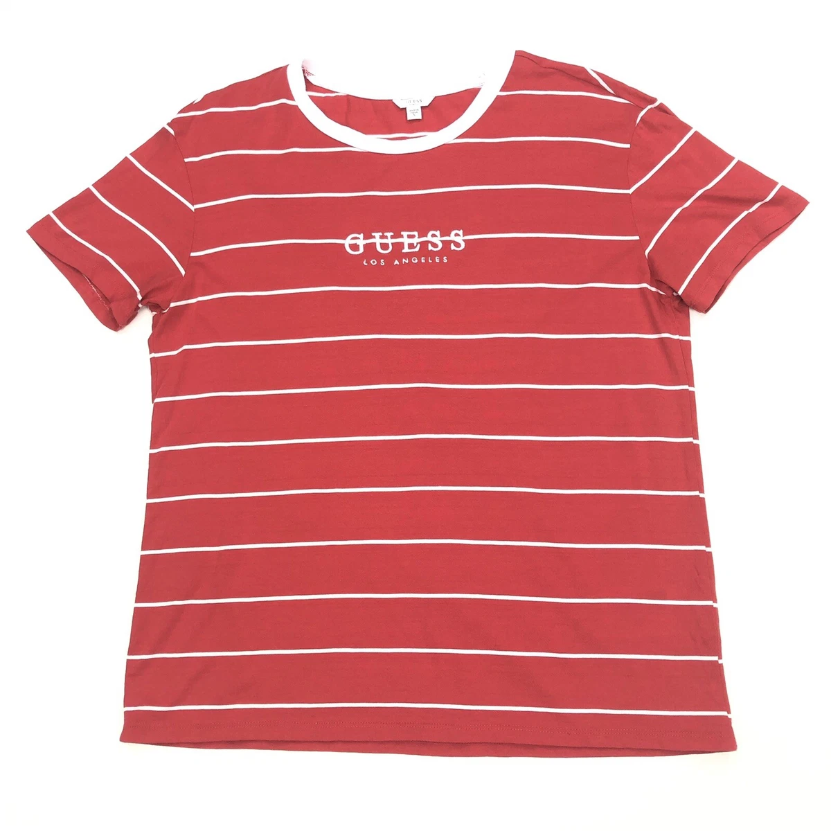 Guess Los Angeles Red Stripe White Embroidered Logo Tee Women s Size S Small