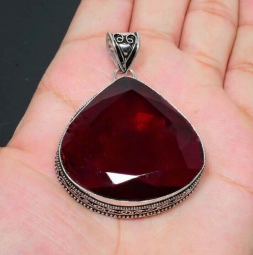 Red Garnet Gemstone Silver Pendant 925 Sterling Silver Jewelry Pendant 1.97"