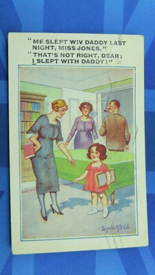 Vintage Donald McGill Comic Postkarte 1935 Miss Jones Ich habe mit Papa geschlafen