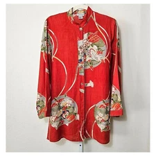 CITRON Santa Monica Vintage Women's Linen Kimono Style Red Top Button Tunic Sz S
