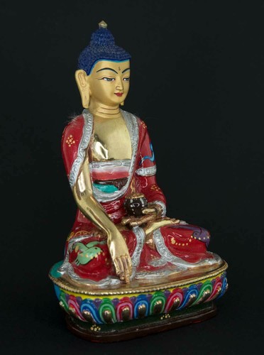 Statua Buddista Buddha Shakyamuni 14 Cm Rame Dipinto A Mano Nepal # 1101 - Picture 2 of 6