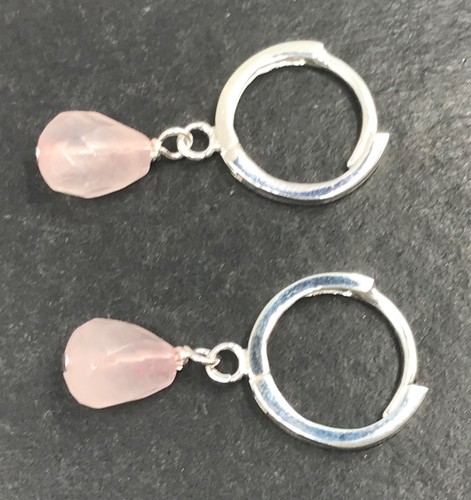 Small rose quartz pear earrings solid Sterling Silver huggie 12mm hoop, 25mm - Picture 3 of 8
