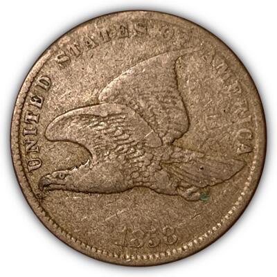 1858 SL Small Letters Flying Eagle Cent Very Fine VF Coin, Corrosion Spot #4966