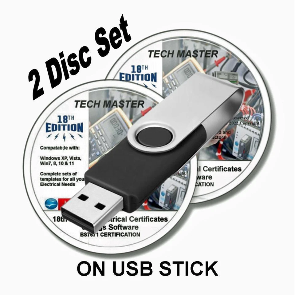 TECH MASTER 18th EDITION ELECTRICAL CERTIFICATES BS7671 + PAT TESTING Amend 2 ON USB STICK