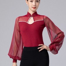 Women Beaded Mesh Chinese Dance Top Frog Button Shirt Long Puff Sleeve Practice